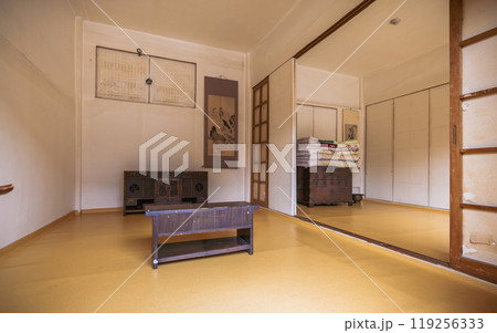 Traditional Korean interior in Namsangol Hanok Village, Seoul, with wooden furniture, folded bedding, and hanging scrolls. The room features minimalist decor and sliding doors reflecting cultural Traditional Korean interior in Namsangol Hanok Village, Seoul, with wooden furniture, folded bedding, and hanging scrolls. The room features minimalist decor and sliding doors reflecting cultural 119256333