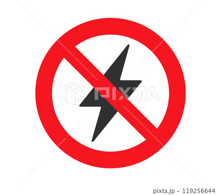 No power, charging. Antistatic material flash icon. Static electricity lightning bolt sign. No electricity warning symbol. No energy power, voltage or electricity logo. Vector illustration image. No power, charging. Antistatic material flash icon. Static electricity lightning bolt sign. No electricity warning symbol. No energy power, voltage or electricity logo. Vector illustration image. 119256644