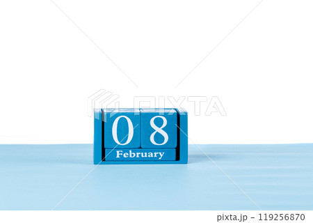 Wooden calendar February 08 on a white background Wooden calendar February 08 on a white background 119256870