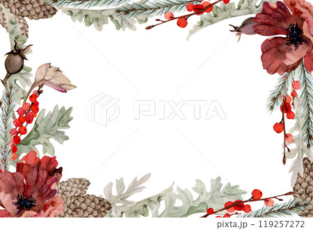 Poppy anemone flower, spruce fir tree branches cones, berries. Watercolor hand drawn illustration, border frame isolated on white. Xmas, happy new year festive, noel navidad holiday. For cards, gifts. Poppy anemone flower, spruce fir tree branches cones, berries. Watercolor hand drawn illustration, border frame isolated on white. Xmas, happy new year festive, noel navidad holiday. For cards, gifts. 119257272