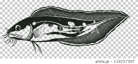 食用魚イタチウオのシンプル白黒切り絵イラスト 119257307