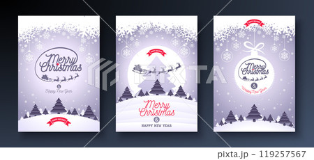 Merry Christmas and Happy New Year Greeting Card Design Set with Santa Sleigh and the Reindeer and Typography Letter on Clean Background. Vector Holiday Season Illustration for Banner, Party Flyer 119257567