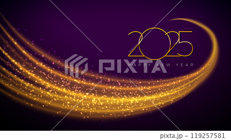 Happy New Year 2025 Illustration with Golden Number and Shiny Gold Wave Design Element on Dark Background. Vector Christmas Holiday Season Design for Flyer, Greeting Card, Banner, Celebration Poster 119257581