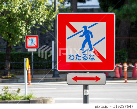 平仮名で表記された「横断禁止」の道路標識【わたるな】 119257647