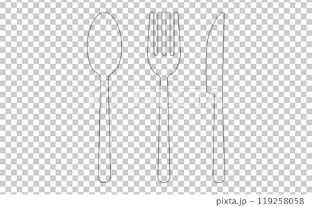 Fork, knife and spoon line drawing illustration Fork, knife and spoon line drawing illustration 119258058