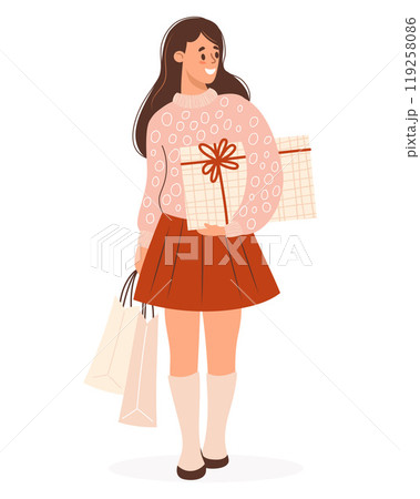 Shopping. Happy cute woman in sweater with packages and gift. Holiday shopper character, seasonal lifestyle. Vector illustration. Consumerism, purchase concept, Black Friday and sale, birthday. Shopping. Happy cute woman in sweater with packages and gift. Holiday shopper character, seasonal lifestyle. Vector illustration. Consumerism, purchase concept, Black Friday and sale, birthday. 119258086