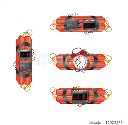 Realistic 3d bomb dynamite sticks with burning fuse. Vector 119258264