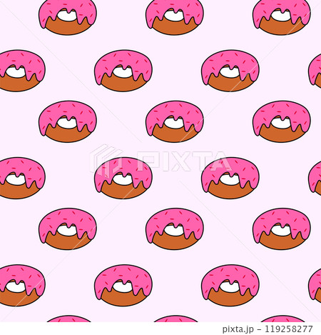 Vector seamless pattern with donuts pink glaze and sprinkles. Vector Flat illustration. Vector seamless pattern with donuts pink glaze and sprinkles. Vector Flat illustration. 119258277