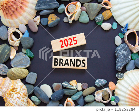 Planning 2025 brands new year symbol. Concept words 2025 Brands on beautiful wooden blocks. Beautiful black background. Beautiful sea stones shell. Business 2025 brands new year concept. Copy space. 119258284