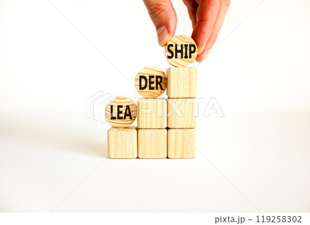Leadership symbol. Concept word Leadership on beautiful wooden circles. Businessman hand. Beautiful white background. Business leadership concept. Copy space. 119258302