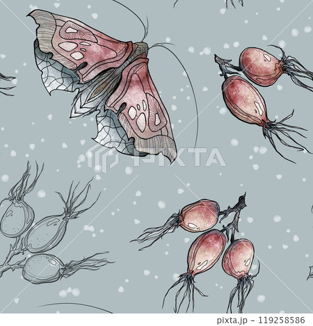 Stylish geometric rosehip and butterfly pattern 119258586