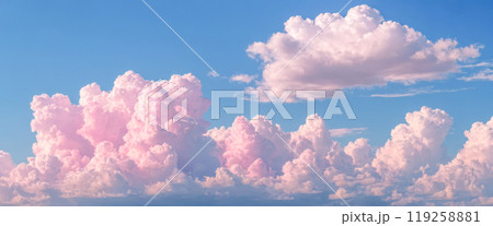 Panoramic Sky with Soft Pink Clouds at Dawn Dusk, Fluffy Cloud Formation in Pastel Colors, Wide Serene Skyscape, Gentle Sunrise Sunset Cotton Candy Clouds 119258881