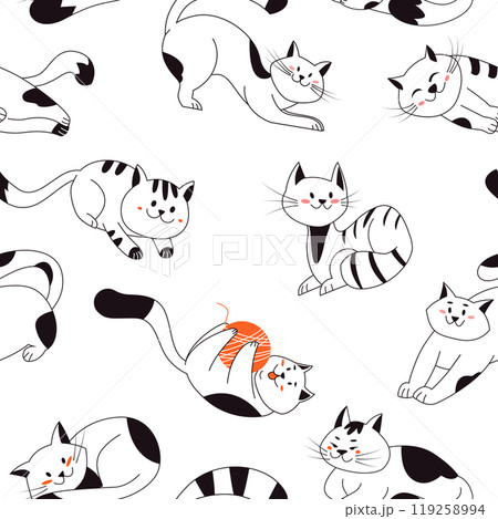 Seamless Pattern with funny cute cats in different poses. Vector illustration on white background with pets animals in line art 119258994