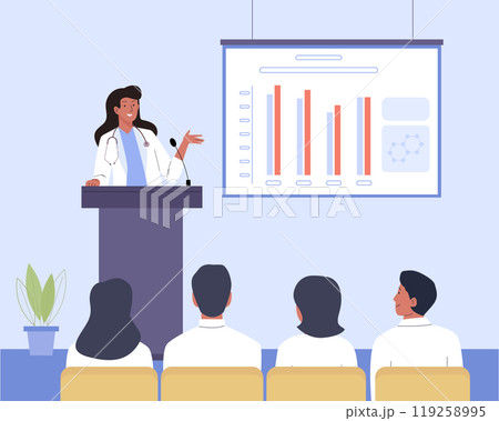 Medicine conference. Female doctor standing at podium and giving a speech for audience. Presentation medical scientific research 119258995