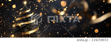 Elegant christmas tree with gold ribbon on festive glittering background. 119259072