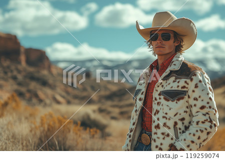 Confident cowboy in western landscape with cowboy hat, cow print jacket and sunglasses 119259074