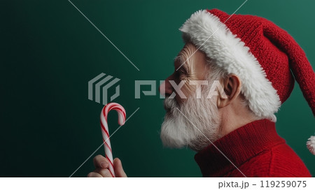 Elderly man in santa hat holding candy cane against green background 119259075