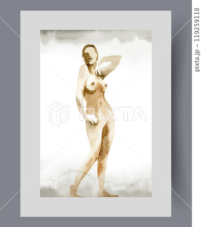 Naked woman takes erotic pose, proud of having beautiful body on print. Watercolor artwork 119259118