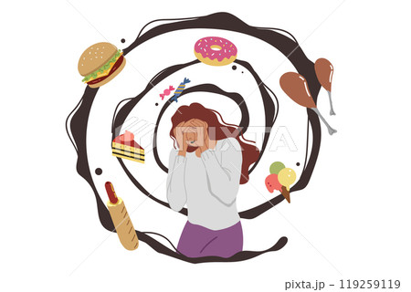Thoughts about food cause fear and panic in woman with psychological disorder and fear becoming fat Thoughts about food cause fear and panic in woman with psychological disorder and fear becoming fat 119259119