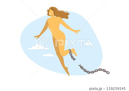 Desire for freedom and independence of female soul flying into sky after destruction of chains 119259145