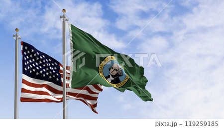Washington state flags waving with the american flag 119259185