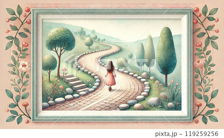 A girl walks down a winding path surrounded by trees in a serene, framed landscape. Generated AI. A girl walks down a winding path surrounded by trees in a serene, framed landscape. Generated AI. 119259256