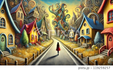 A figure walks down a whimsical street lined with colorful houses and swirling, abstract trees in the distance. Generated AI. A figure walks down a whimsical street lined with colorful houses and swirling, abstract trees in the distance. Generated AI. 119259257