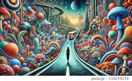 A figure walks along a surreal road surrounded by vibrant, swirling patterns, giant mushrooms, and floating orbs. Generated AI. A figure walks along a surreal road surrounded by vibrant, swirling patterns, giant mushrooms, and floating orbs. Generated AI. 119259258