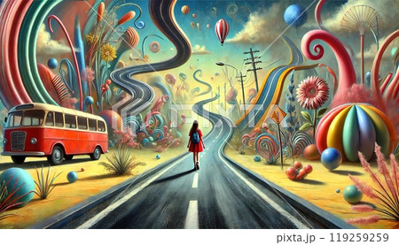 A figure walks down a winding, surreal road lined with colorful, whimsical shapes, balloons, and a red bus. Generated AI. A figure walks down a winding, surreal road lined with colorful, whimsical shapes, balloons, and a red bus. Generated AI. 119259259
