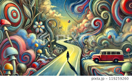 A figure walks down a winding road through a surreal, psychedelic landscape filled with swirling patterns and giant mushrooms. Generated AI. 119259260