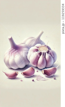 A detailed depiction of whole garlic bulbs and cloves, with soft purple tones and a minimalist background. Generated AI. 119259334