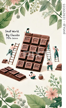 Tiny people interact with a giant chocolate bar, using ladders and carrying pieces, surrounded by plants, with the text "Small World, Big Chocolate, 70% Cacao." Generated AI. 119259335