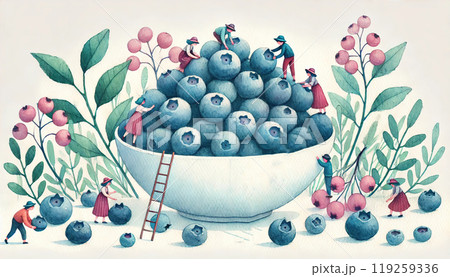 Tiny people gather and interact with giant blueberries inside a bowl, surrounded by plants and berries. Generated AI. 119259336
