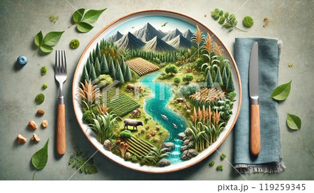 A miniature landscape with mountains, forests, farmlands, and a river is artistically arranged on a plate, surrounded by cutlery. Generated AI. 119259345
