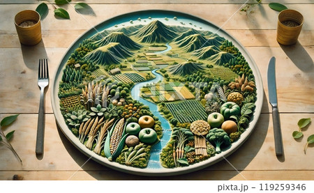 A miniature landscape with mountains, forests, farmlands, and a river is artistically arranged on a plate, surrounded by cutlery. Generated AI. A miniature landscape with mountains, forests, farmlands, and a river is artistically arranged on a plate, surrounded by cutlery. Generated AI. 119259346