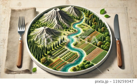 A miniature landscape with mountains, forests, farmlands, and a river is artistically arranged on a plate, surrounded by cutlery. Generated AI. 119259347