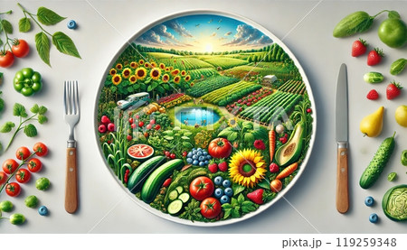 A vibrant farm scene with crops, fruits, and vegetables is depicted on a plate, surrounded by real produce and utensils. Generated AI. A vibrant farm scene with crops, fruits, and vegetables is depicted on a plate, surrounded by real produce and utensils. Generated AI. 119259348