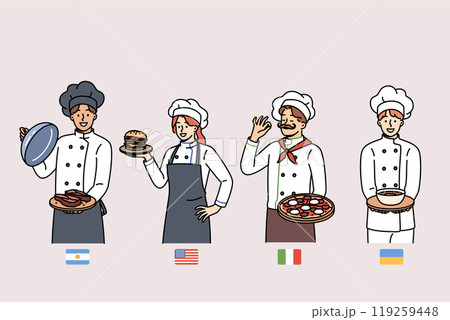 Group of chefs from different countries demonstrate delicious national dishes, standing near flags Group of chefs from different countries demonstrate delicious national dishes, standing near flags 119259448