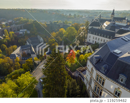 Aerial Shot of the Historical Center in Luxembourg City, The capital of Kingdom Luxembourg in the Morning Light 119259482
