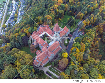 Aerial drone Shot of Abbey in Clervaux, Luxembourg in mystery evening twilight  119259485