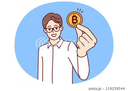 Man trader with bitcoin coin calls for mining or investing in cryptocurrency and blockchain tech Man trader with bitcoin coin calls for mining or investing in cryptocurrency and blockchain tech 119259544