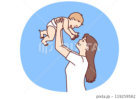 Mother lifts baby above head, rejoicing at birth of son and celebrating arrival of new family member Mother lifts baby above head, rejoicing at birth of son and celebrating arrival of new family member 119259562