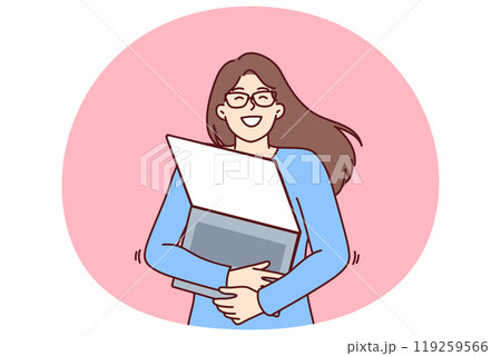 Geek woman with laptop hugs favorite gadget rejoicing at opportunity to learn via internet 119259566