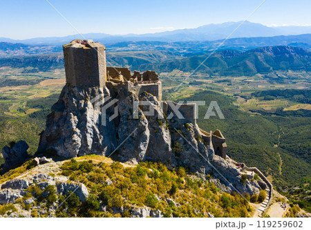 View of medieval Chateau de Queribus castle. Aude department. France 119259602