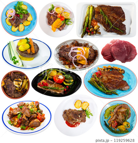 Plates of tasty beef steaks and chops Plates of tasty beef steaks and chops 119259628