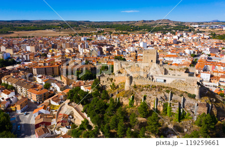 Aerial view of Almansa overlooking Church of la Asuncion and fortress, Spain Aerial view of Almansa overlooking Church of la Asuncion and fortress, Spain 119259661