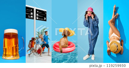 Collage. Lager beer mug, family with suitcase travelling, relaxed dog swimming in pool, young girl eating donut, woman in underwear sunbathing in swimsuit Collage. Lager beer mug, family with suitcase travelling, relaxed dog swimming in pool, young girl eating donut, woman in underwear sunbathing in swimsuit 119259930