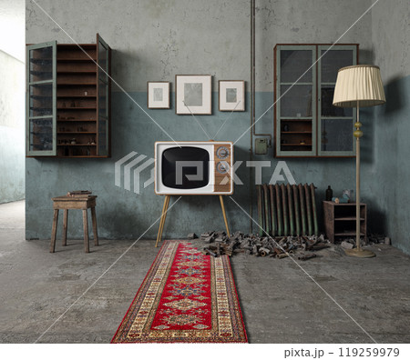 A vintage TV in a rustic room A vintage TV in a rustic room 119259979