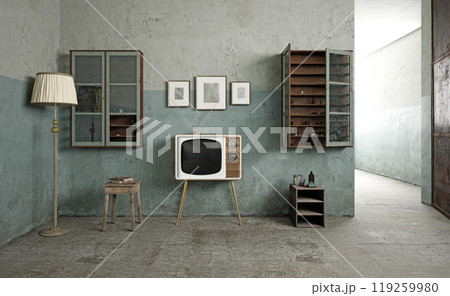 A vintage TV in a rustic room 119259980