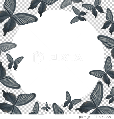 Black butterfly hand painted watercolor square frame isolated on white. High quality illustration perfect for scrapbooking, posters, cards, pillows, stickers design. Black and white 119259999